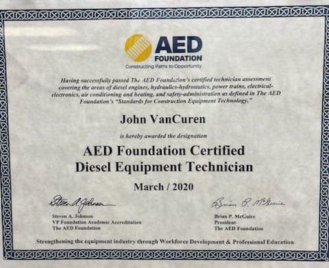 Heavy Equipment Repair Certificate Three